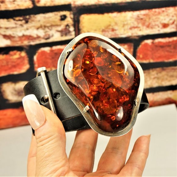 SUPER HUGE AMBER STERLING LEATHER RARE BRACELET 9 BY AMBERMODA UNISEX - Picture 12 of 16